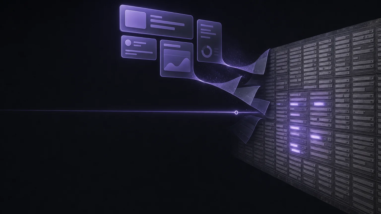 Illustration of an old enterprise form with hundreds of grey input fields, from which modern violet interface cards detach and reassemble