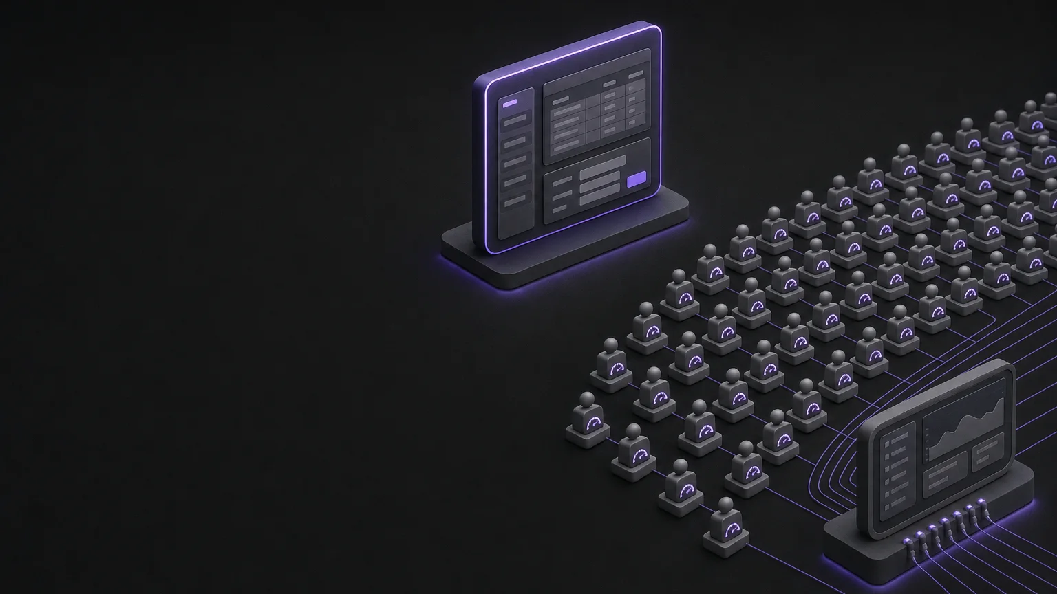 Illustration of rows of grey seat tokens with small meters wired to a rented dashboard, next to a single violet-edged application