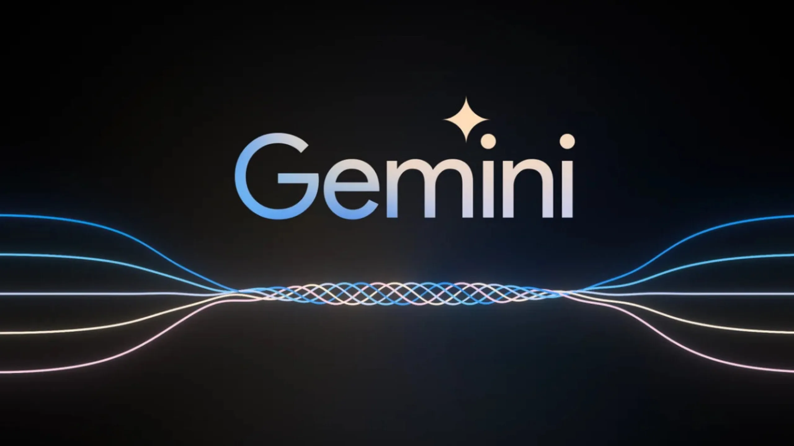 The Google Gemini wordmark and star logo over glowing intertwined light waves