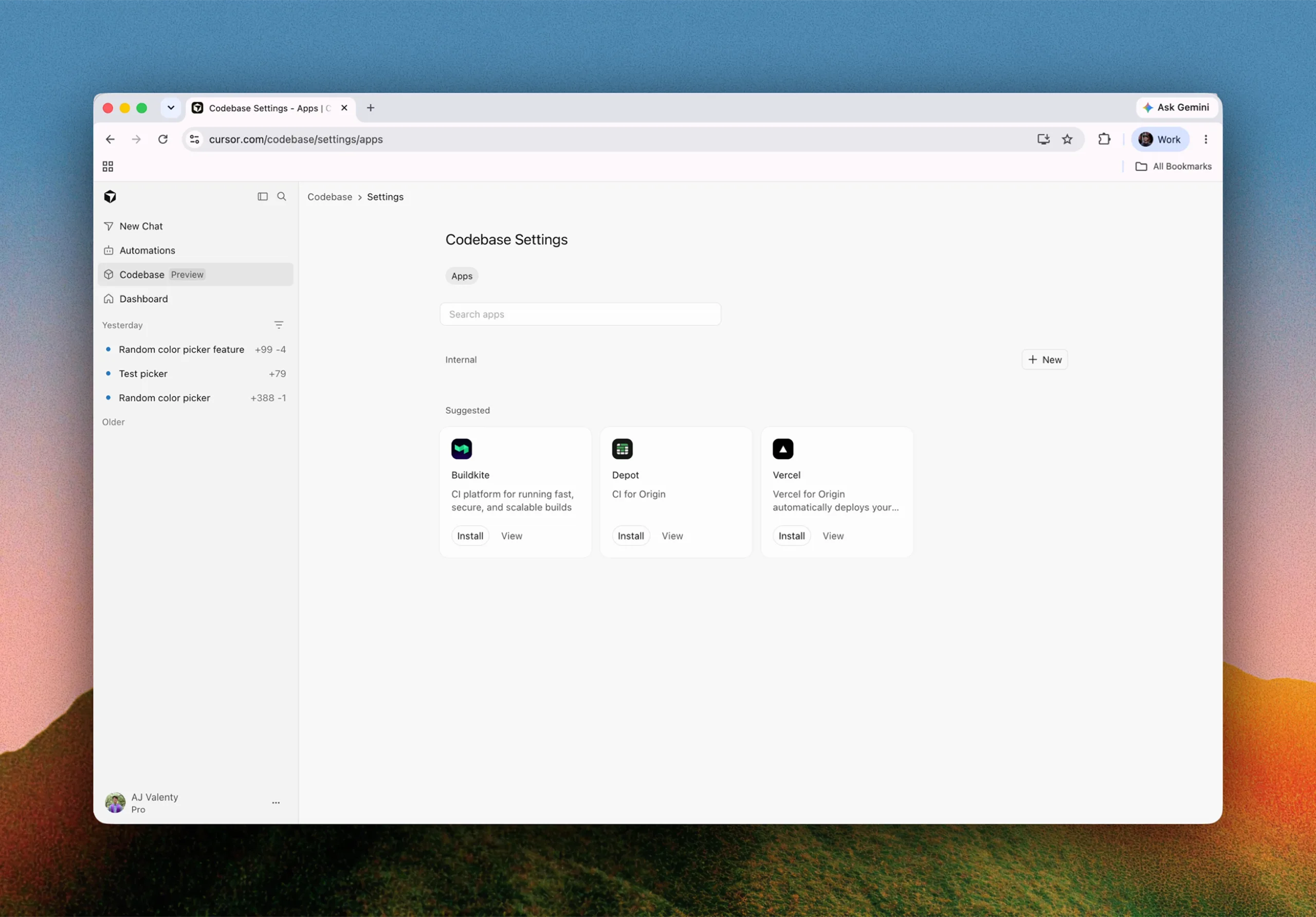 The Cursor Origin codebase settings screen in a browser, showing Buildkite, Depot and Vercel apps ready to install