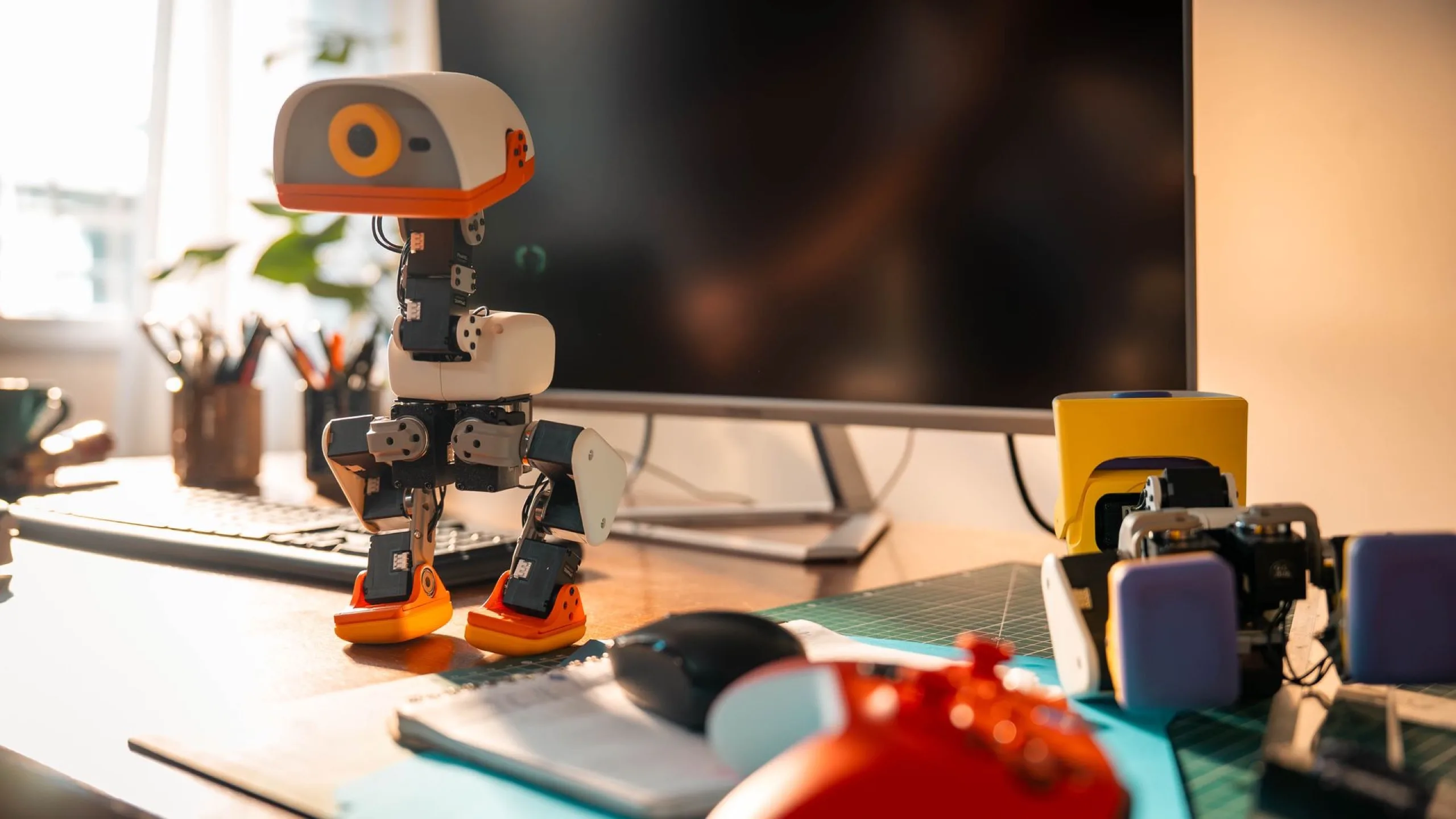 Der Microduck-Roboter von Hugging Face und Pollen Robotics steht auf einem Schreibtisch vor einem Monitor