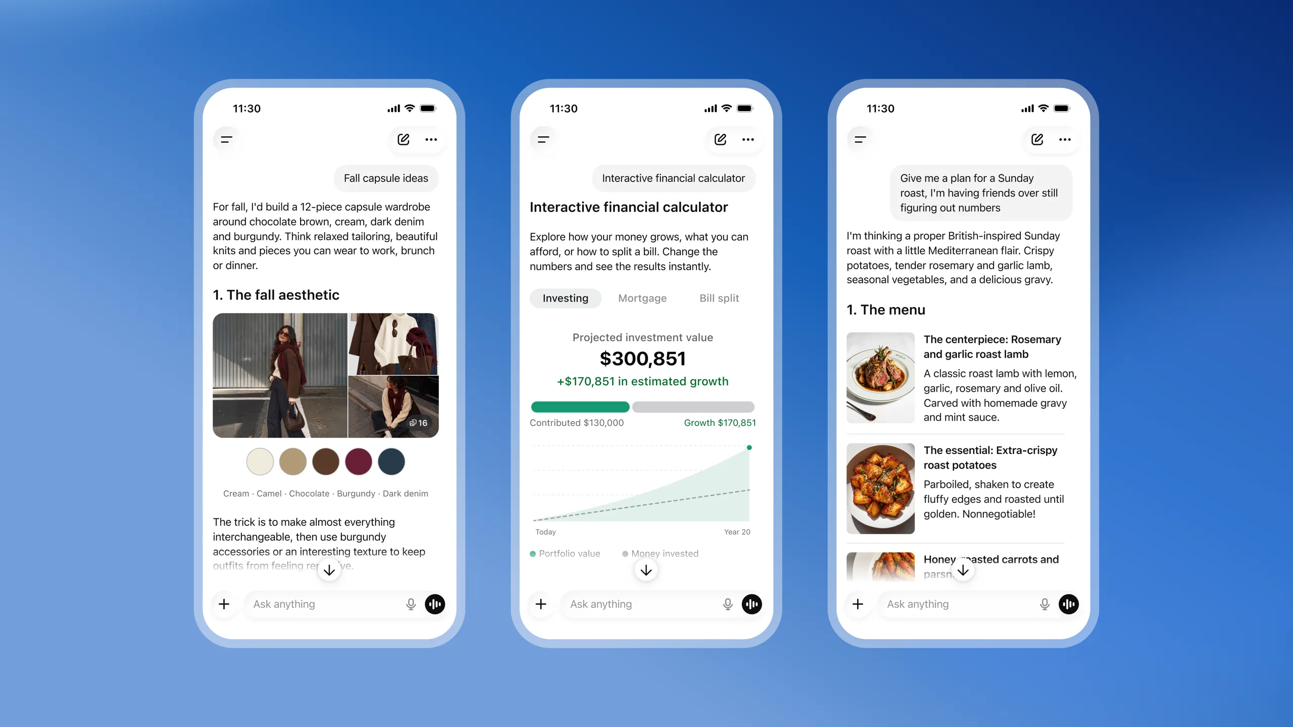Three phone screens showing ChatGPT answers with Intelligent UI, a capsule wardrobe with color swatches, an interactive financial calculator and a Sunday roast menu