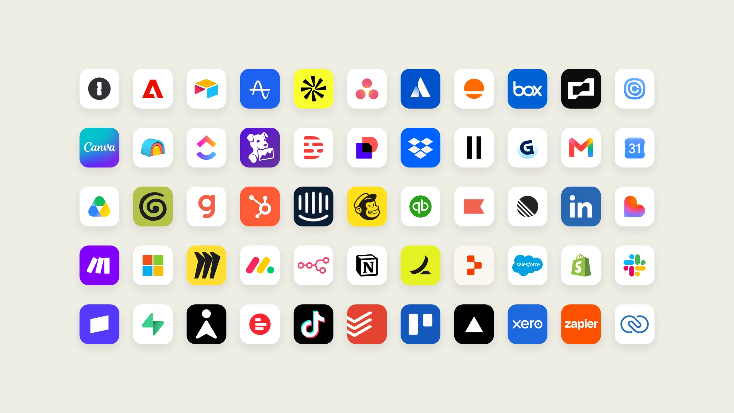 Grid of app icons on a light beige background, among them Gmail, Google Calendar, Slack, Notion, Salesforce and Zapier, showing the apps that work with Claude Duet