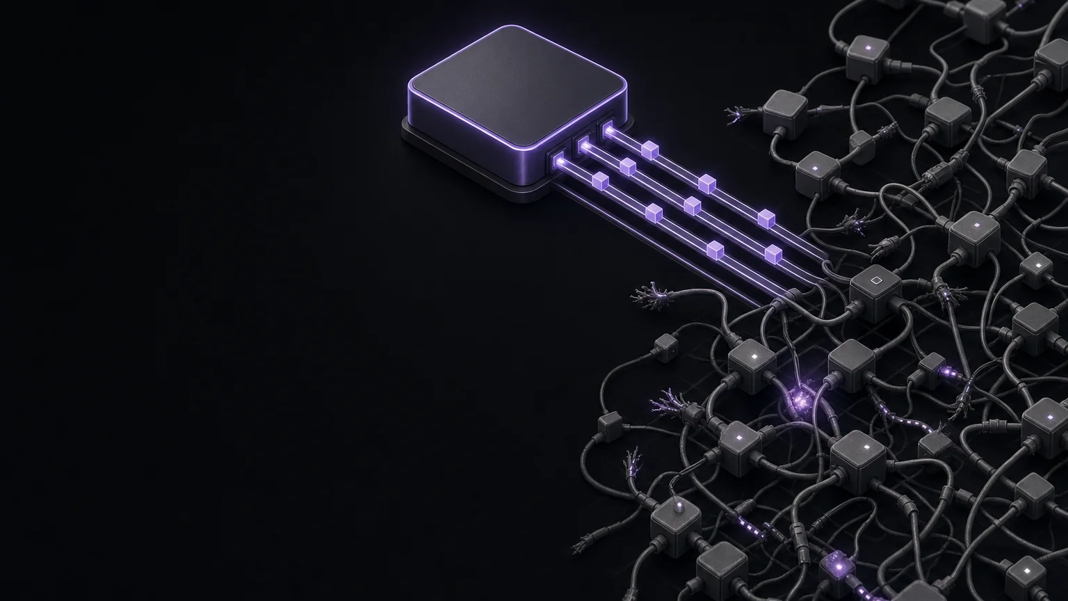 Illustration eines Knäuels aus grauen Verbindungsknoten und Kabeln, das in wenige saubere Bahnen zu einem violett umrandeten Modul übergeht