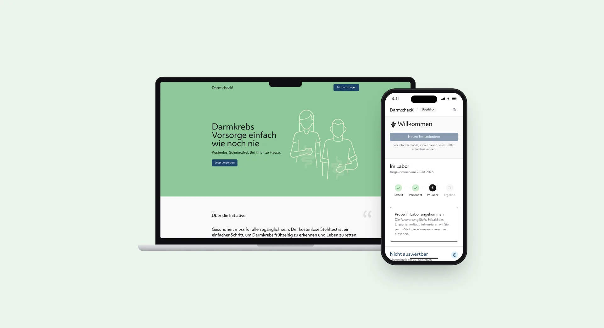 The Darm:check! landing page on a laptop and the participant dashboard on a phone
