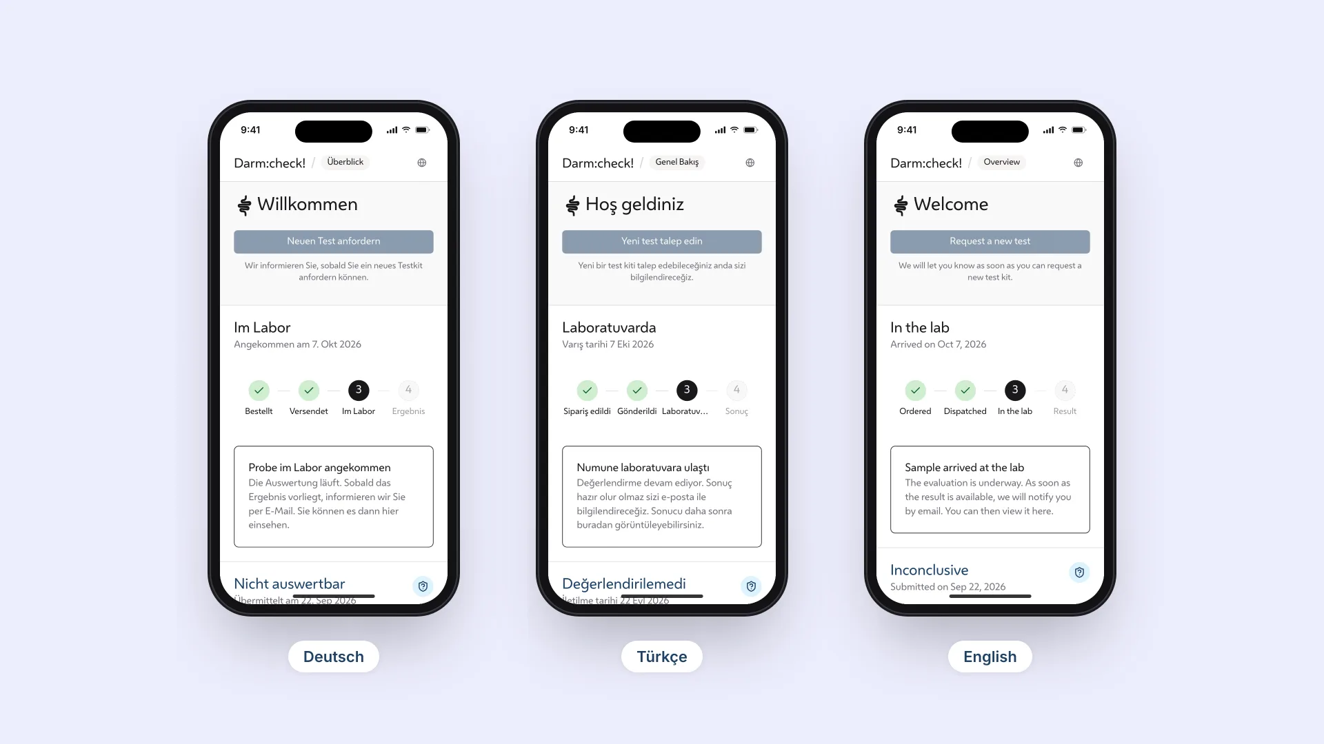 The participant dashboard in German, Turkish and English on three phones