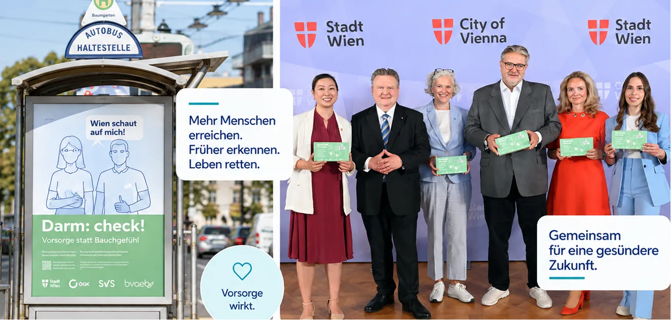 Bus stop poster of the Darm: check! campaign next to the programme launch in front of a City of Vienna backdrop with test kits