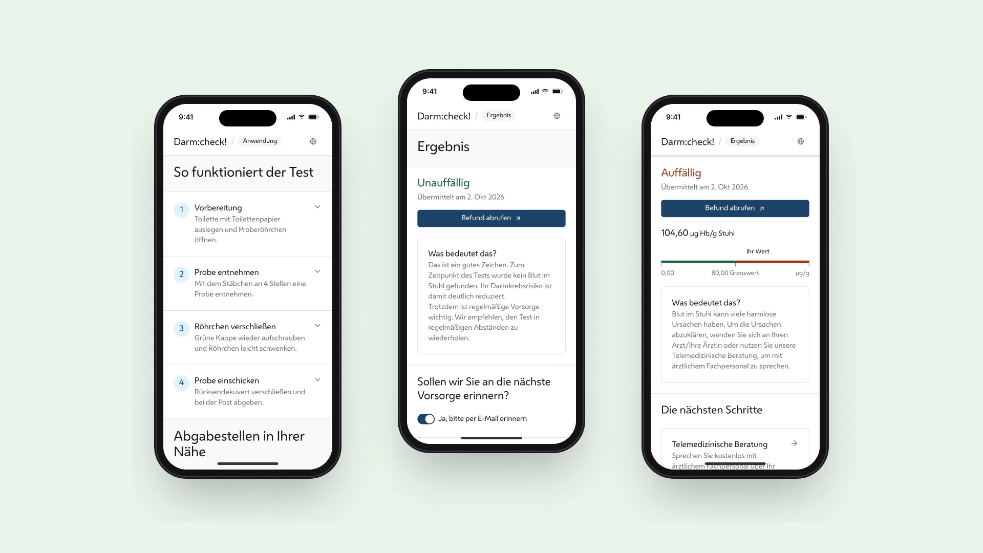 Test instructions, a normal result and an abnormal result with next steps on three phones