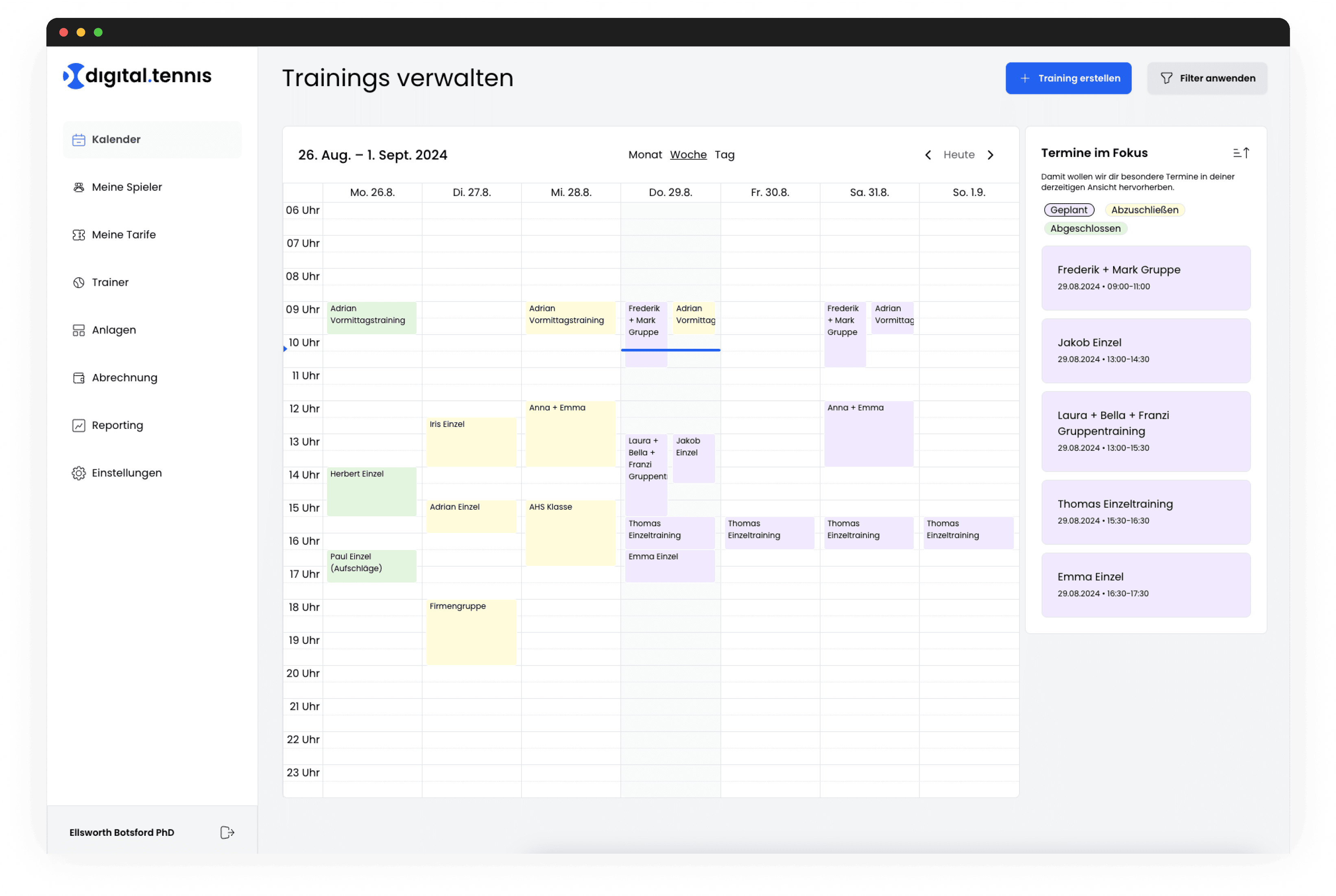 Digitale Tennisschule Calender Overview
