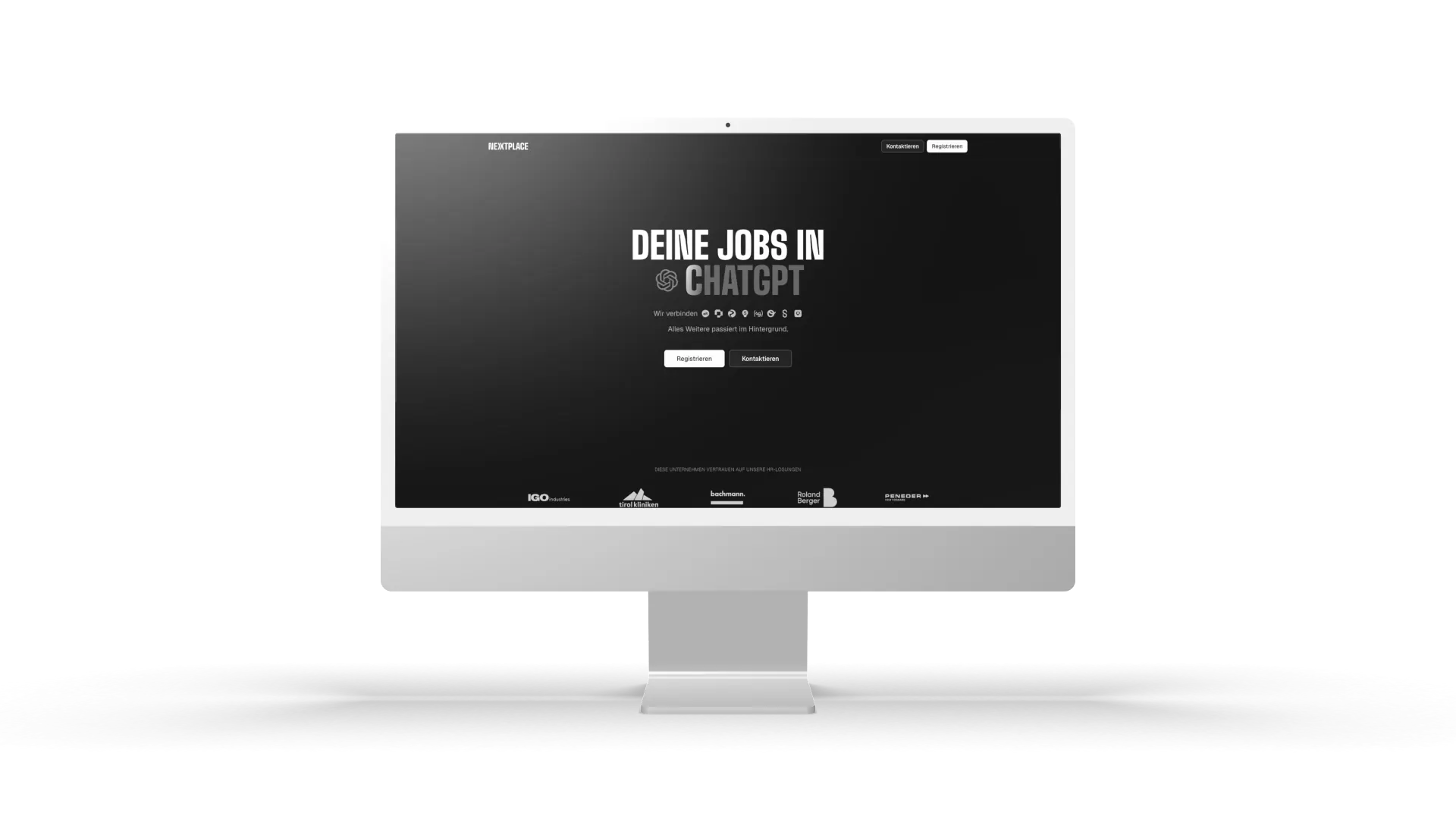 Die NextPlace Landingpage mit der Überschrift Deine Jobs in ChatGPT und den Logos der angebundenen Recruiting-Systeme