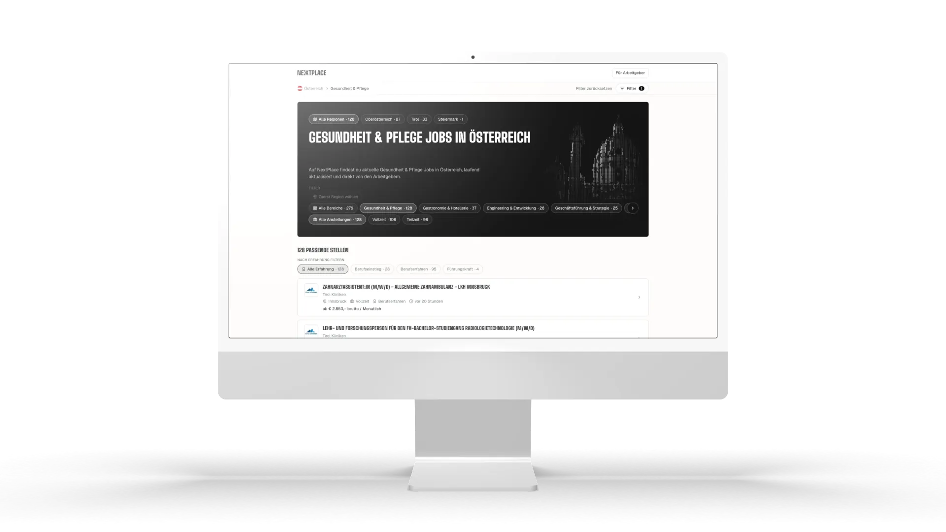NextPlace Jobliste für Gesundheits- und Pflegejobs in Österreich mit Filtern für Region, Bereich und Anstellungsart