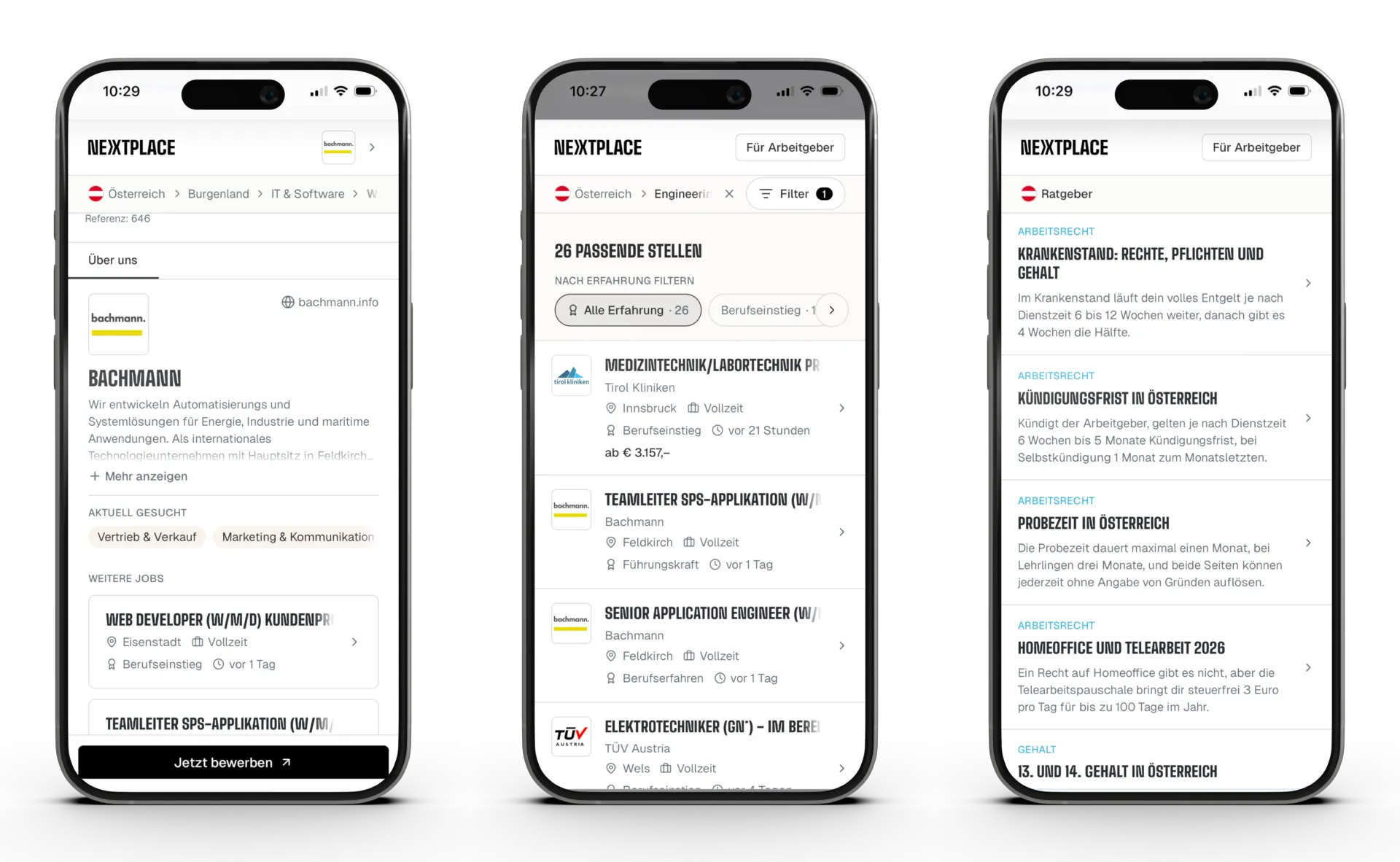 NextPlace auf drei Smartphone-Screens mit Arbeitgeberprofil, gefilterter Jobliste und Ratgeber-Artikeln
