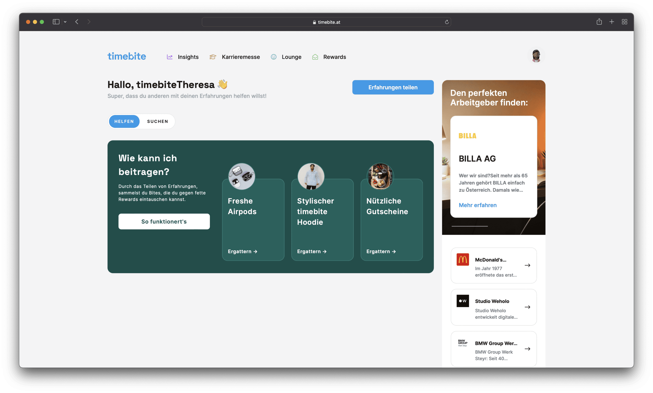 timebite Web-App Dashboard Screenshot