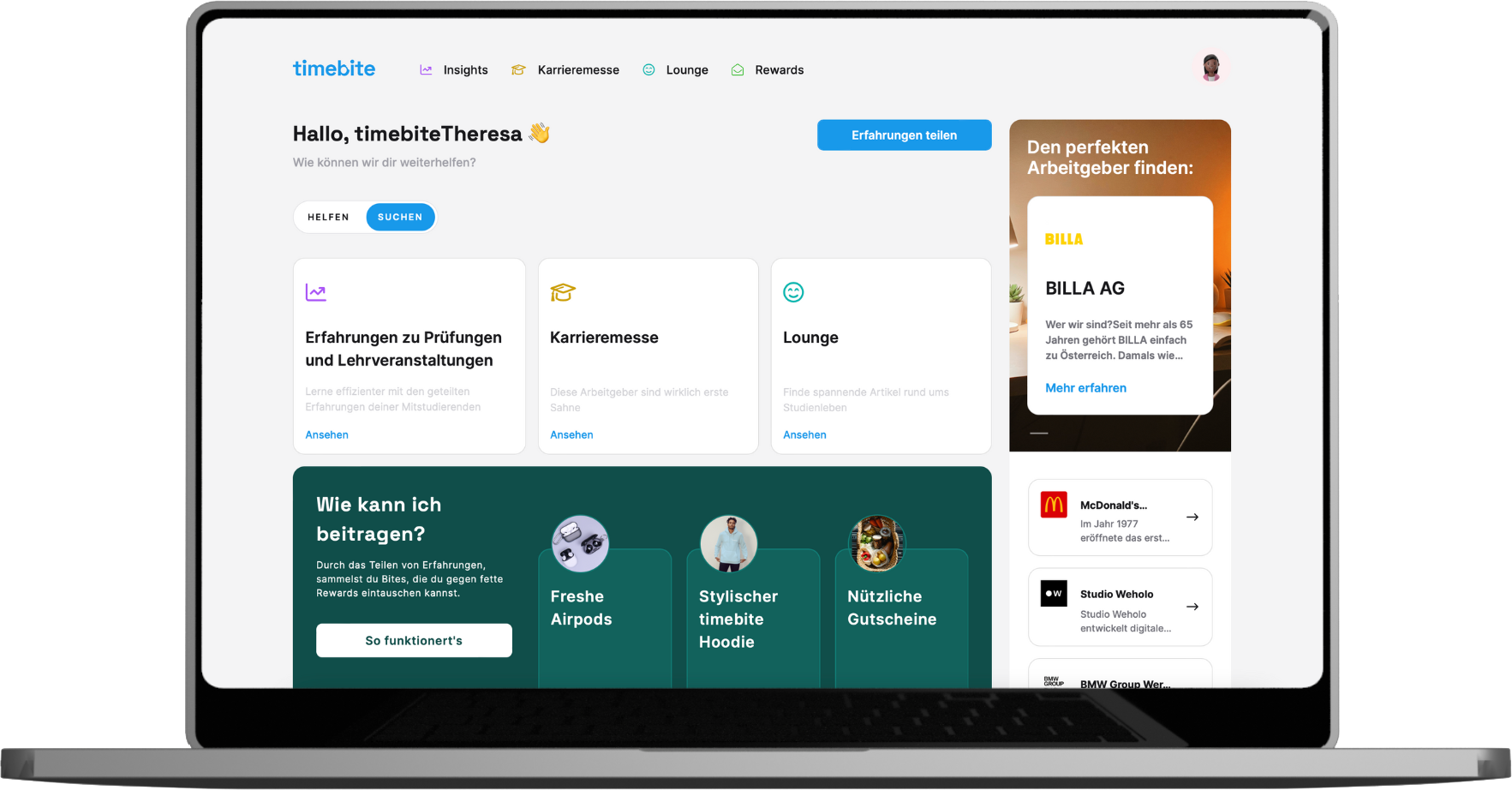 timebite Web-App Dashboard geöffnet auf Laptop