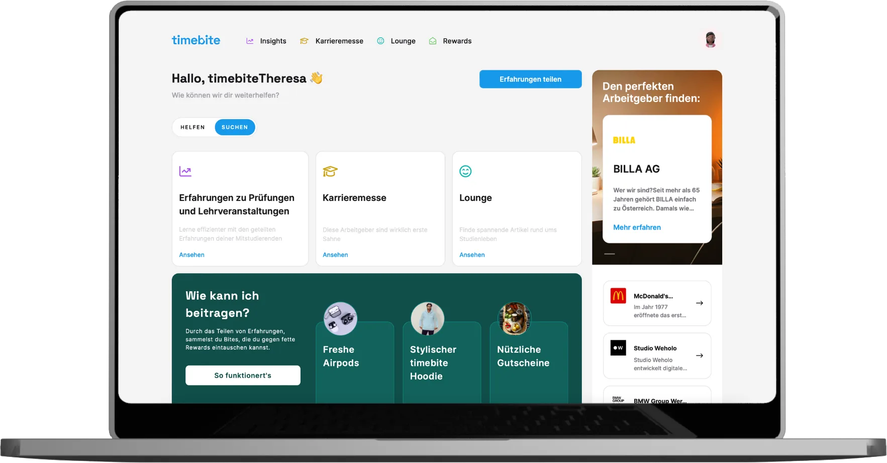 timebite web app dashboard open on laptop