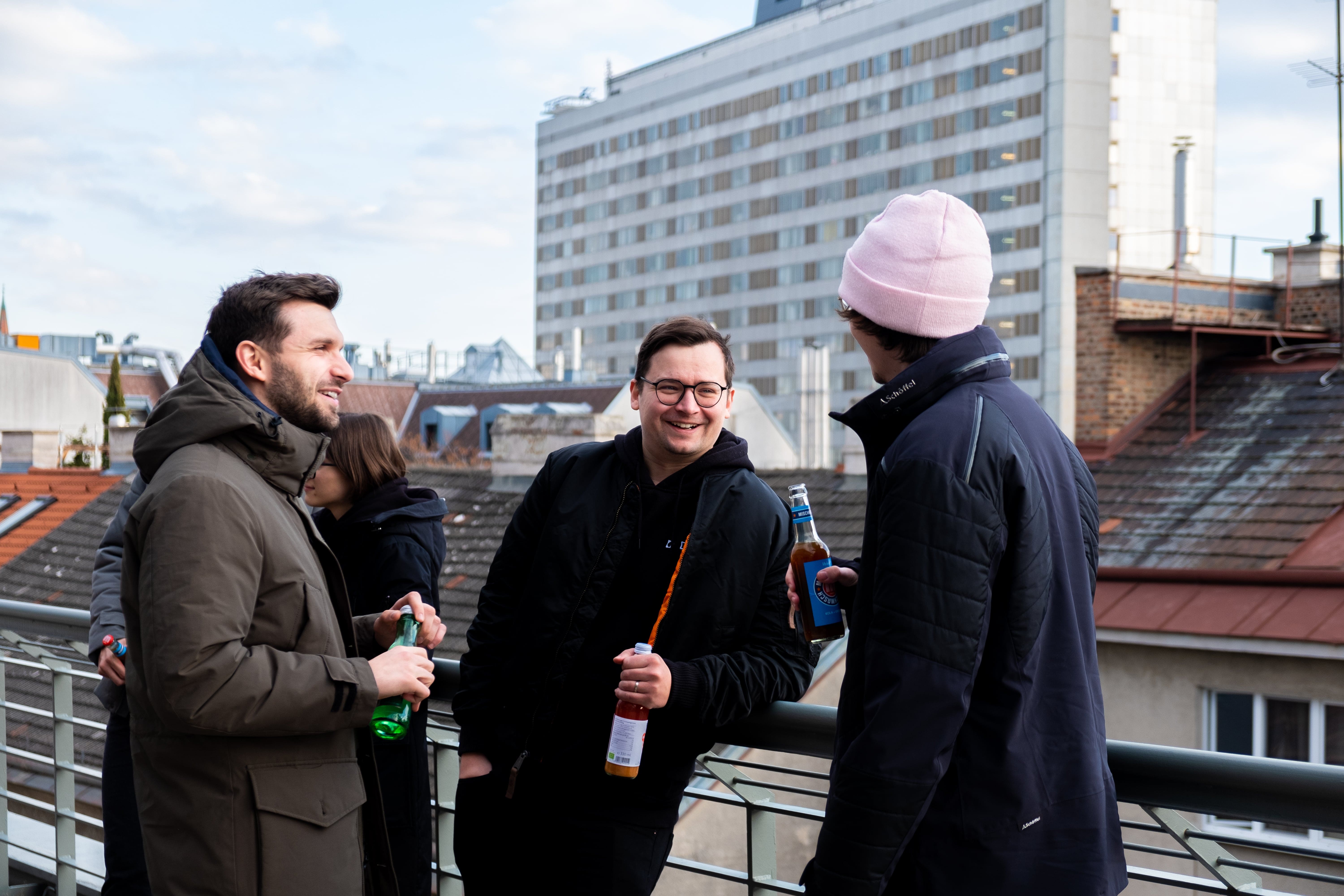 Team members on the terrace having a good time