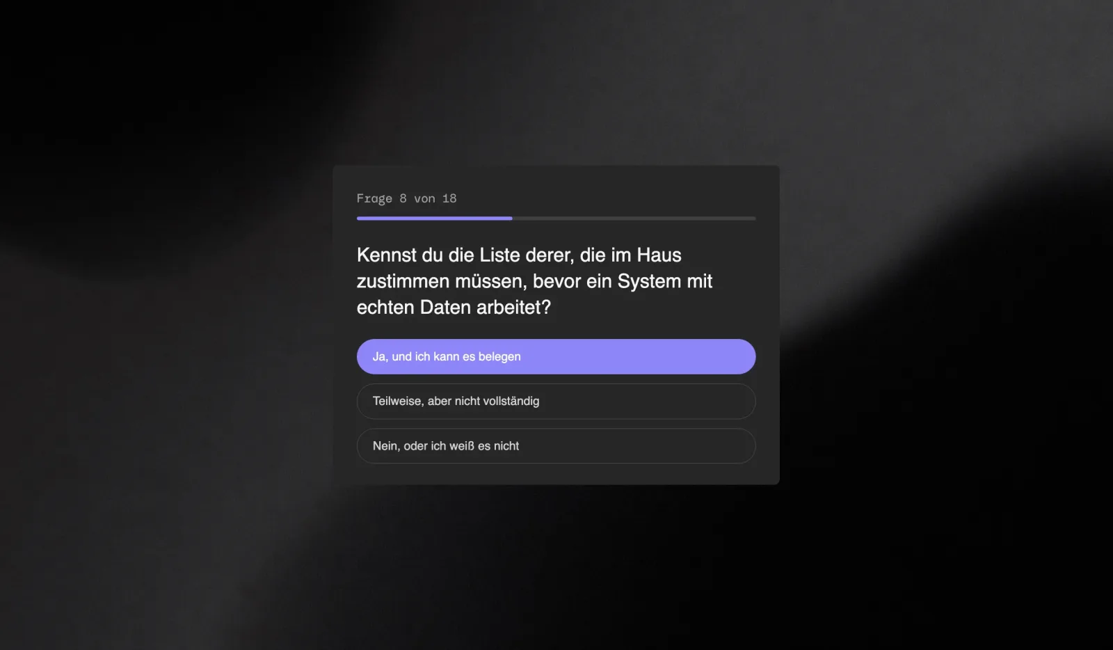 The Dotbite AI Readiness Check on question eight of eighteen, a progress bar and three answer options on a dark background with soft light
