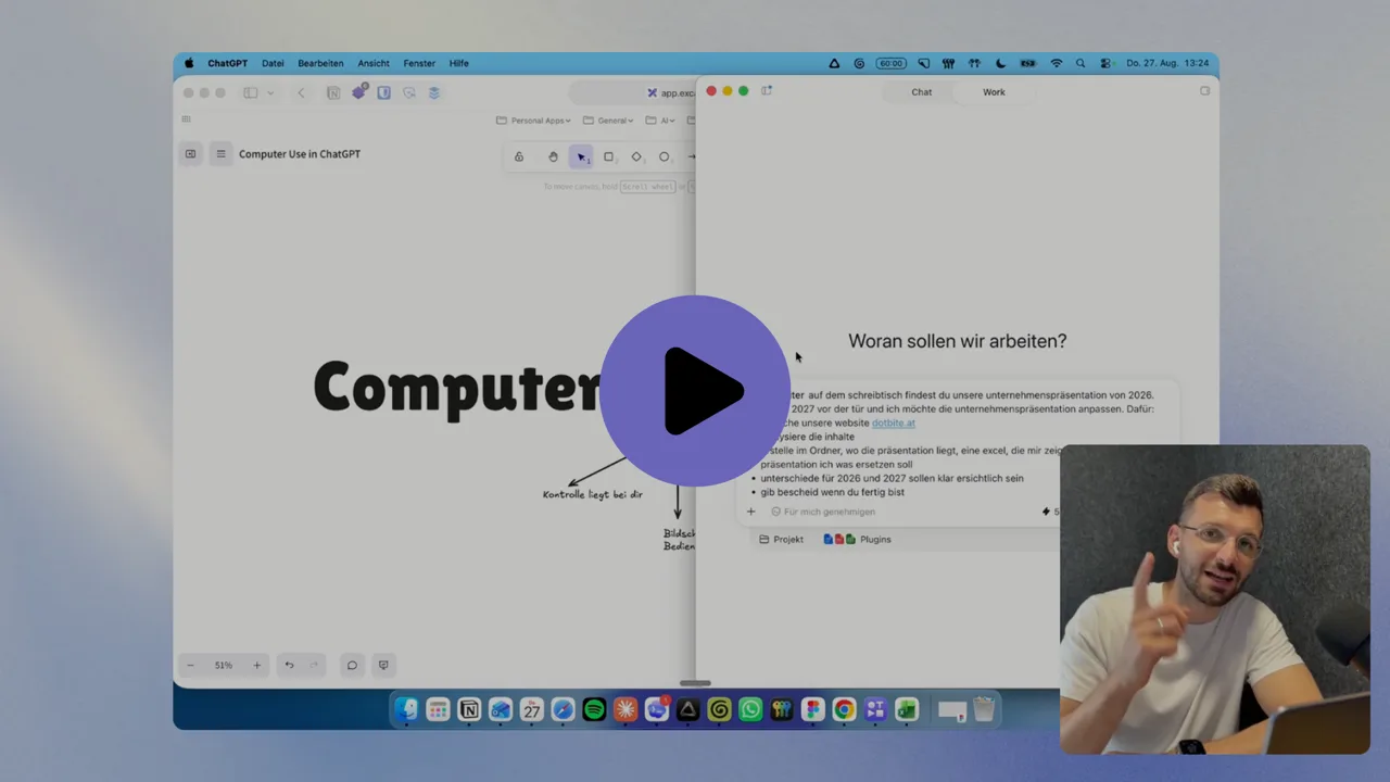 An Excalidraw board titled Computer Use next to a ChatGPT window running a task, Emir on webcam in the corner