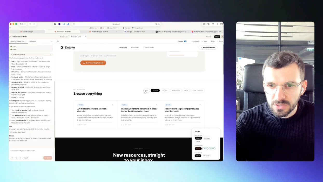 Claude Design generiert die Dotbite-Resources-Seite, links der Chat mit dem Design-Briefing, rechts Emir in der Webcam
