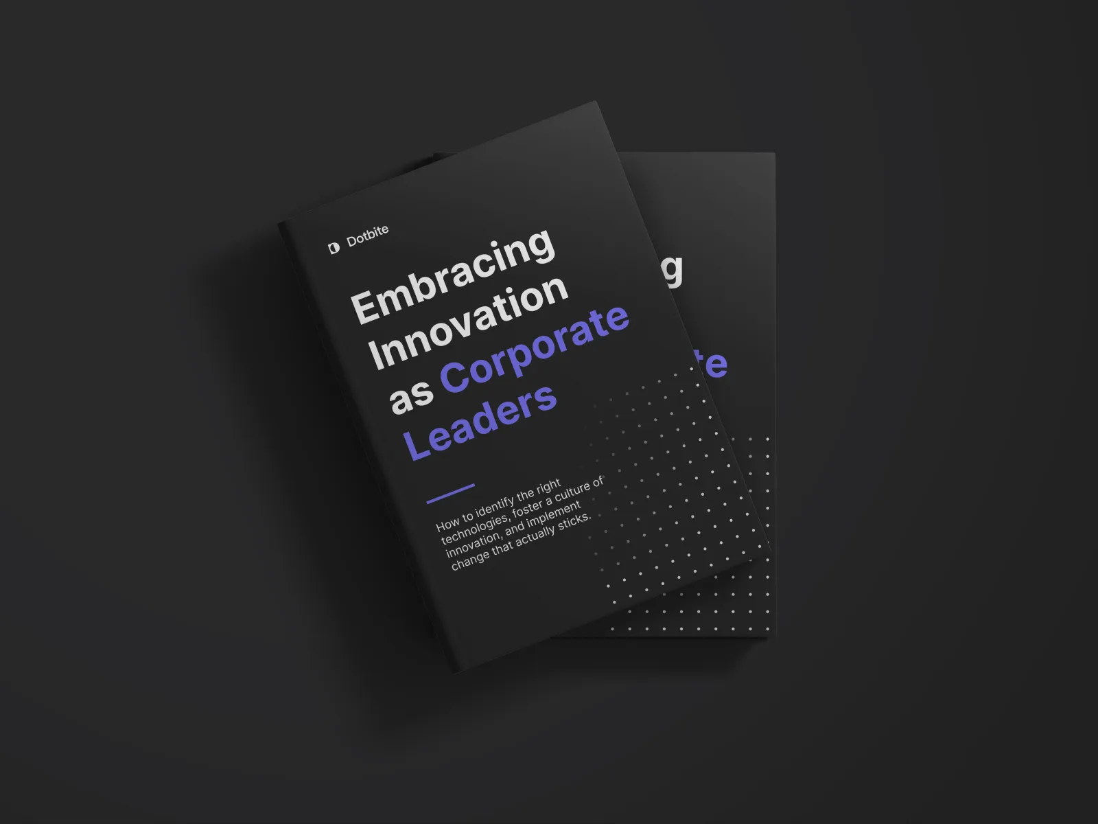 Cover of the Dotbite whitepaper Embracing Innovation as Corporate Leaders, two dark brochures stacked on top of each other
