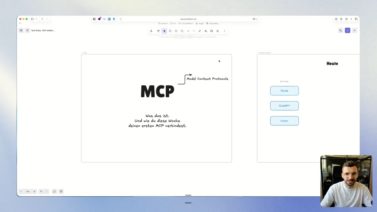 Emir vor einem Excalidraw-Board mit den Buchstaben MCP und der Notiz Model Context Protocols, in der Ecke die Webcam-Blase