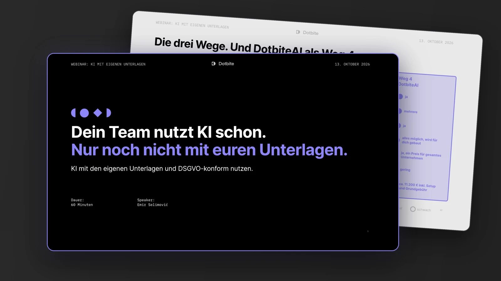 Zwei Folien aus dem Dotbite Webinar KI mit den eigenen Unterlagen, vorne die Titelfolie, dahinter der Vergleich der vier Wege
